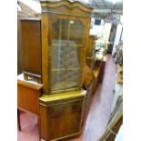 Yew veneered glazed top corner cupboard