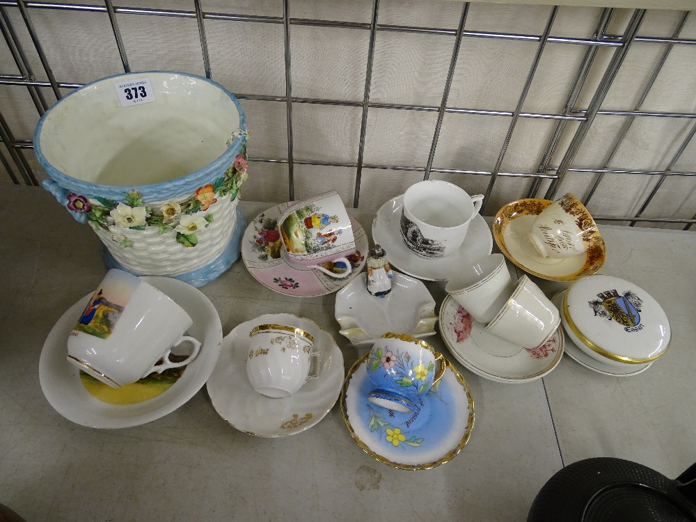 Floral encrusted planter and a mixed selection of Victorian cabinet cups and saucers etc