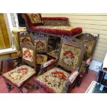 Edwardian nine piece salon suite with carved detail comprising two carvers, six dining chairs and