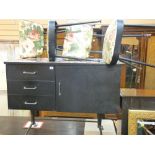 Floral and black decorated retro part dining suite comprising sideboard, table and six chairs