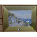 G REILLY? watercolour - waterfront scene with donkey and cart by cottages, signed, 25 x 35 cms