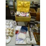 Vintage sewing box and contents, a collection of embroidered and other handkerchiefs and lacework,