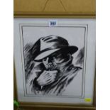 Black and white study of furtive gentleman (Bogart) in trilby hat and high collar, 29 x 22 cms