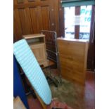 Three door shoe cupboard, wooden ironing board, light wood effect bedside table, over bed table