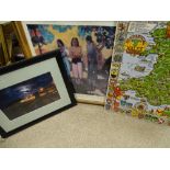 Quantity of framed pictures and prints and a printed cloth historic map of Wales and Monmouth