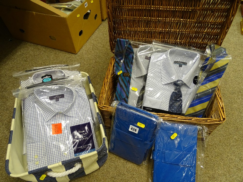 Canvas basket of unopened gent's shirts, sized 14.5 - 15.5 ins collar, two electronic tablet cases