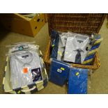Canvas basket of unopened gent's shirts, sized 14.5 - 15.5 ins collar, two electronic tablet cases