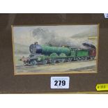 FRED LISTER watercolour - North Eastern passenger train exiting a tunnel, signed, 8 x 13 cms
