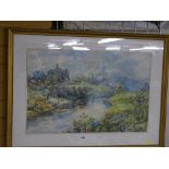 A STELFOX watercolour - river scene with ruins and buildings and cattle watering, signed, 46 x 71