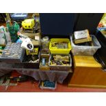 Quantity of garage items, fixings etc in four plastic tubs including small oil cans, grease guns,