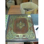 Victorian pierced brass decorated wooden blotter cover/lid with crested plaque to the centre