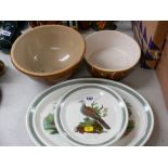 Stoneware mixing bowl, Portmeirion pottery 'Birds of Britain' meat platter and two plates etc