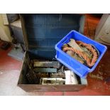 Vintage metal trunk containing quantity of electrical hand tools etc and a blue tub of webbing and