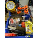 Two blue plastic tubs of garage items including large torch, block tackle, grease gun, paint sprayer