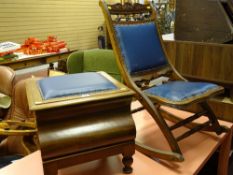 Blue leather upholstered steamer deckchair and a matching vintage wooden commode