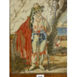 Burr walnut framed tapestry panel of a Continental man at arms, draped in a red robe, 39 x 32.5