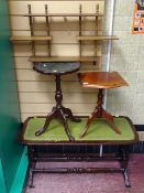 Leather tooled top Long John coffee table, small circular occasional table, one other and a small