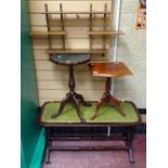 Leather tooled top Long John coffee table, small circular occasional table, one other and a small