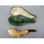 Carved Meerschaum pipe with amber mouthpiece in fitted case