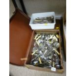 Old suitcase with large quantity of flatware, a tub of flatware and cased sets