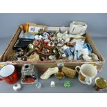 Large box of various collectables, doll's house metalware, china figurines, W H Goss tyg etc