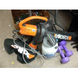 Electric Worx brand leaf blower, a Hozelock pump sprayer and a pair of fitness dumb bells