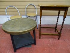 Polished wood barley twist occasional table, brass topped occasional table and pair of matching