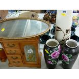 Stoneware pottery vase and two others, vintage gilt brass wall mirror and a modern jewellery box
