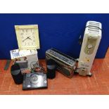 Box of vintage wireless radio, modern Onn CD player, paper shredder, small Delonghi Dragon oil