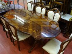 Italian inlaid and shaped dining table with six (four plus two) chairs