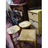 Chest of three woven storage baskets, two matching stools and another square stool