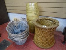 Large bamboo vase, wicker umbrella stand and a parcel of five woven baskets