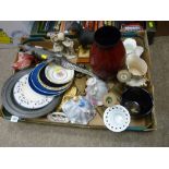 Box of mixed porcelain, pewter plate, Royal Copenhagen plate