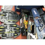 Plastic cantilever toolbox with contents, Draper hand saw set and a Workzone screwdriver set