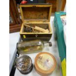 Tea caddy, vintage ship in bottle and treen boxes etc