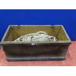 Vintage pine box (no lid) with quantity of heavy gauge rope