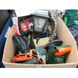 Box of Black & Decker hedge trimmer, Black & Decker BD562 power drill, GP4 battery charger, footpump