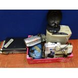 Box of small electrics including portable CD, paper shredder, calculator, Sky Plus HD box, DVD