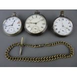 Open face keywind silver cased pocket watch, a manual example and one other in white metal case with