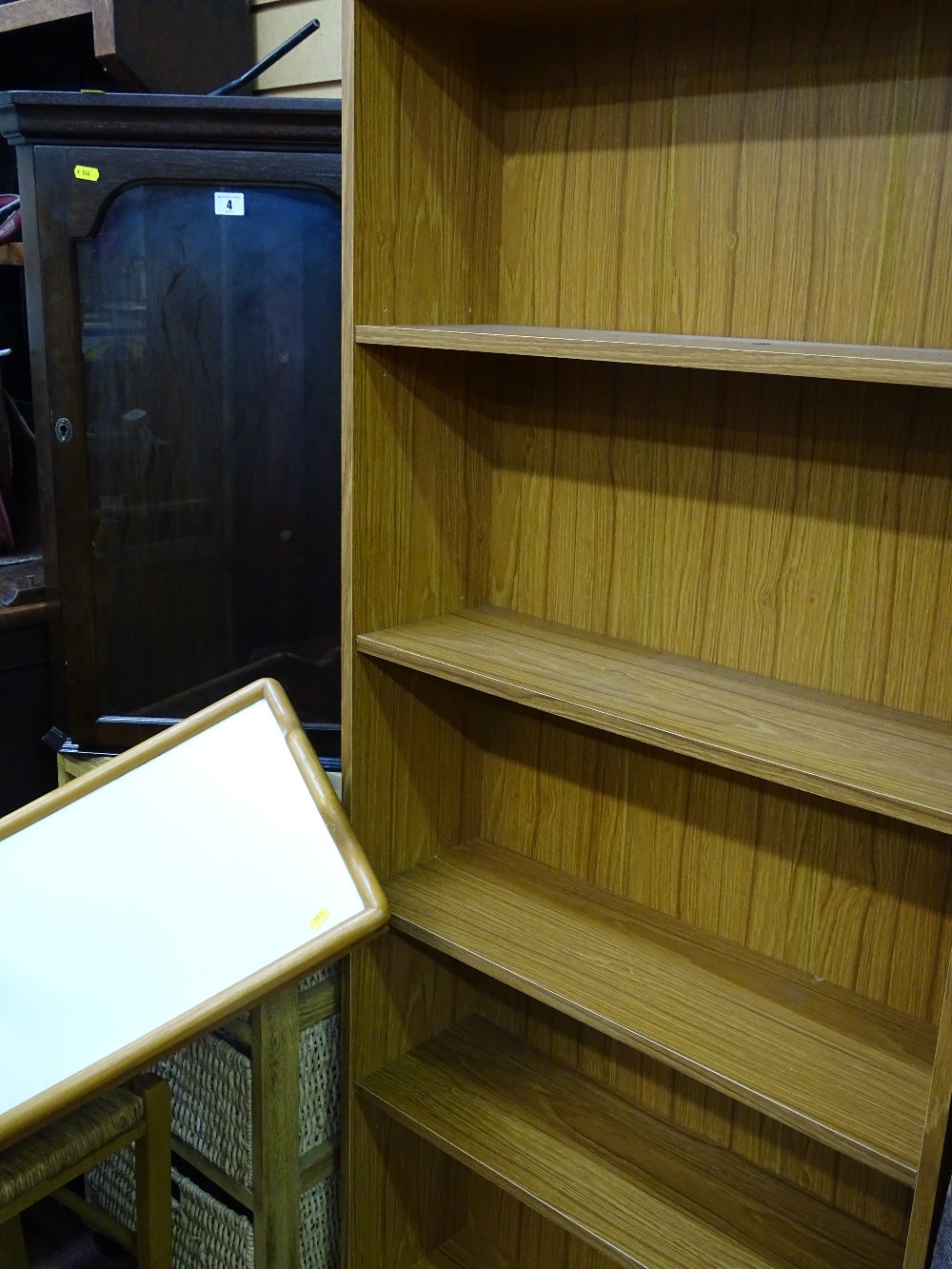 Modern dark wood single door corner wall cupboard and a multi-shelf bookcase etc