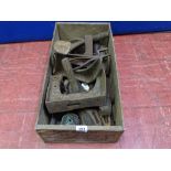 Vintage wooden Fray Bentos Corned Beef box with a quantity of cobbler's tools