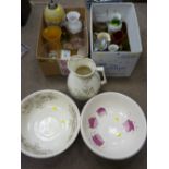 Three boxes of mixed porcelain and household items including lustre table lamp, wash set, carriage