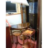 Mahogany standard lamp and shade, half moon hall table, two tier galleried square whatnot and a