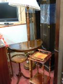 Mahogany standard lamp and shade, half moon hall table, two tier galleried square whatnot and a