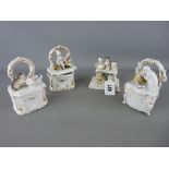 Victorian fairing titled 'Five o'clock Tea' and three pin boxes with decorative covers of figures