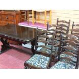 Polished wood draw leaf refectory style table and six (four plus two) ladderback dining chairs