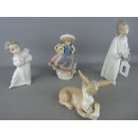 Four Lladro porcelain figurines of two young girls, a trumpeting angel and a comical 'Love-Me-Not'