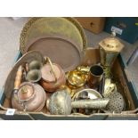 Box of mainly copperware and brassware including spring balances etc