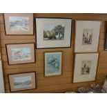 Good pair of vintage prints - historical city scenes, two other prints and three watercolours -