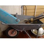 Galvanized garden barrow with long handled tools and kneeler